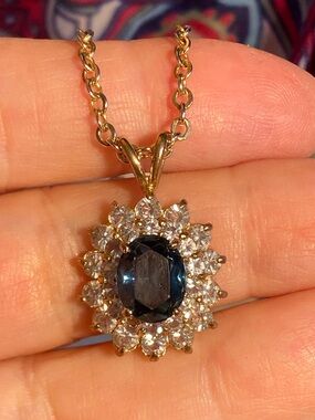 Vintage Blue Topaz Tone Halo Pendant Necklace Gold Tone 16” Statement